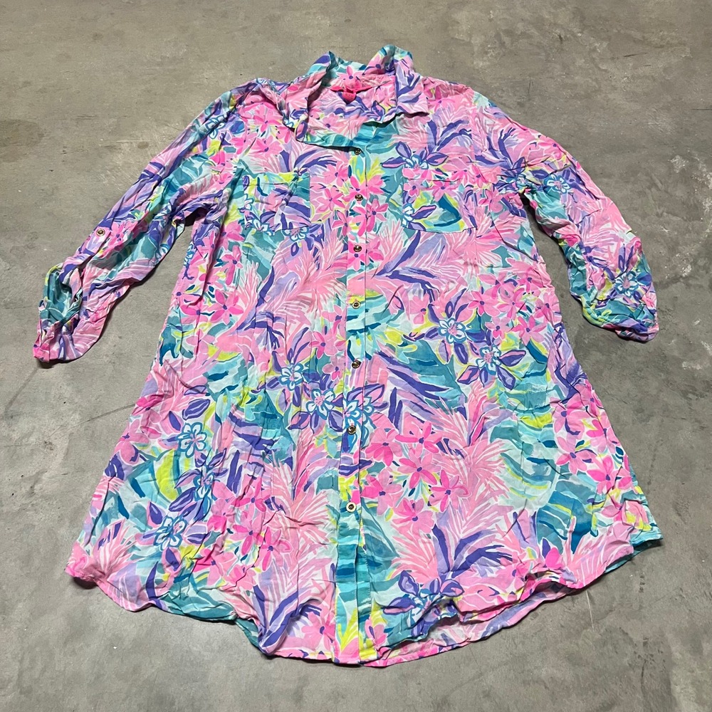 Lilly Pulitzer Pink Blue Floral Rayon Roll Tab Sleeve Cover Dress 001237 SZ L